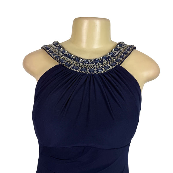 Xscape Womens Navy Polyester Beaded Halter Maxi Dress Elegant Formal Wear Sz 6