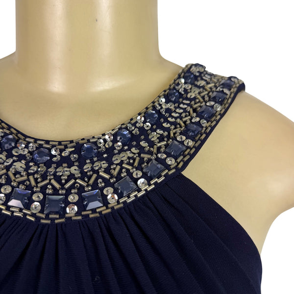 Xscape Womens Navy Polyester Beaded Halter Maxi Dress Elegant Formal Wear Sz 6