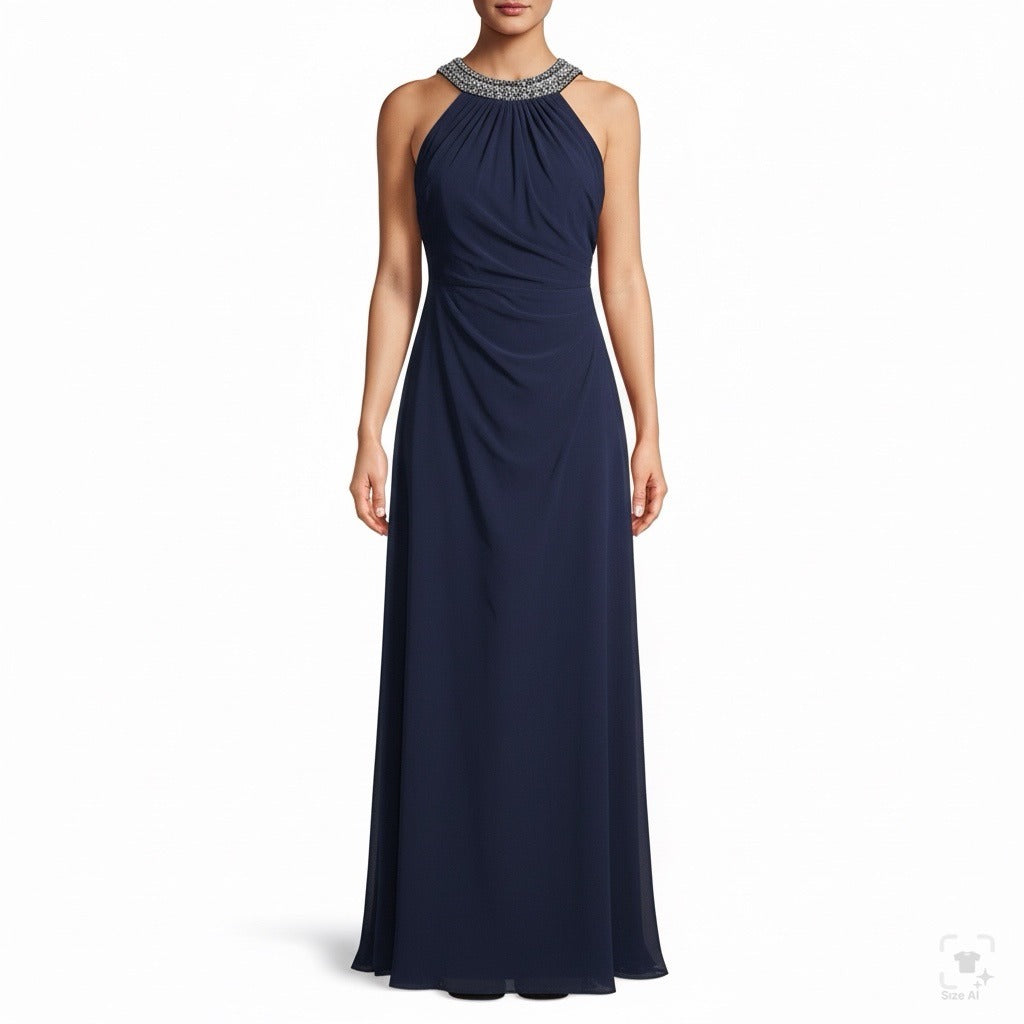 Xscape Womens Navy Polyester Beaded Halter Maxi Dress Elegant Formal Wear Sz 6