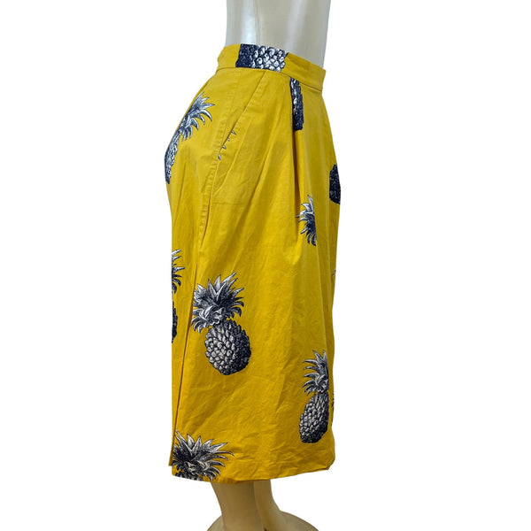 Ann Taylor Womens Yellow Pineapple Print Cotton Spandex Midi Skirt Size 0P