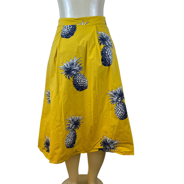Ann Taylor Womens Yellow Pineapple Print Cotton Spandex Midi Skirt Size 0P
