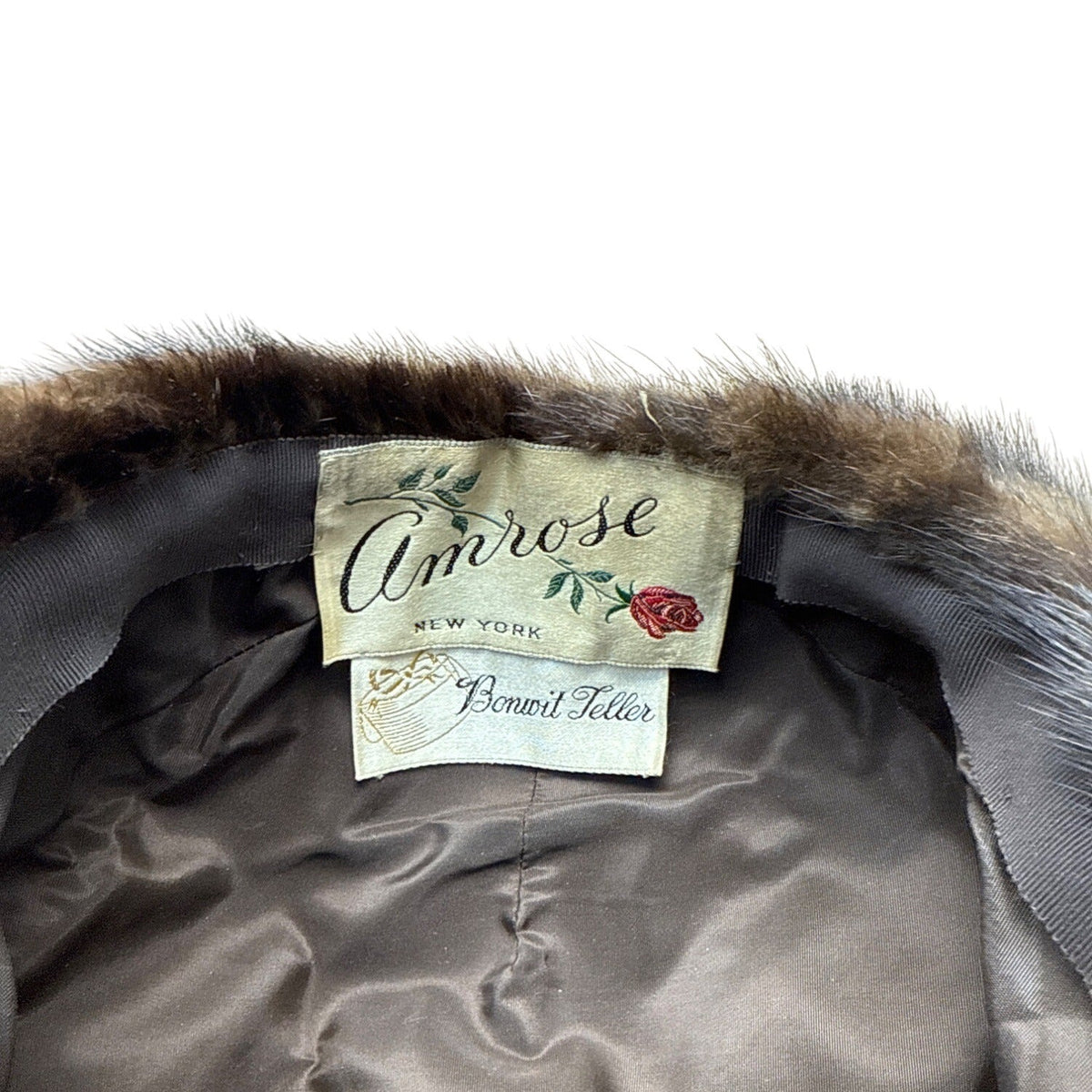 Vintage Amrose New York Brown Mink Fur Hat Satin Lining 22" Circ Winter Fashion