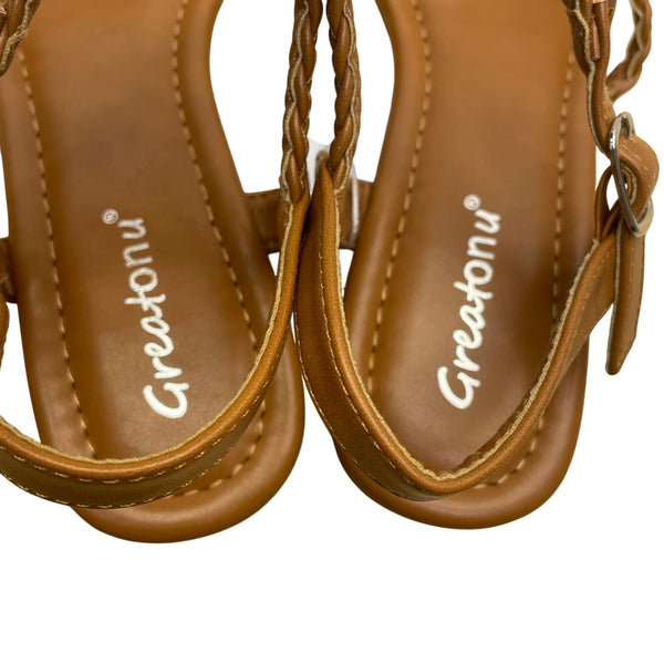 Greatonu Women’s Brown Braided Strap Open Toe Low Heel Sandals Size 7.5 - New