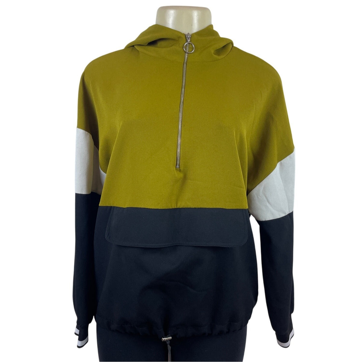 Zara Colorblock Hooded Pullover Jacket With Half Zip & Drawstring Hem Size M