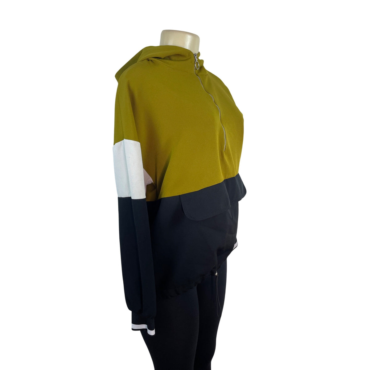 Zara Colorblock Hooded Pullover Jacket With Half Zip & Drawstring Hem Size M