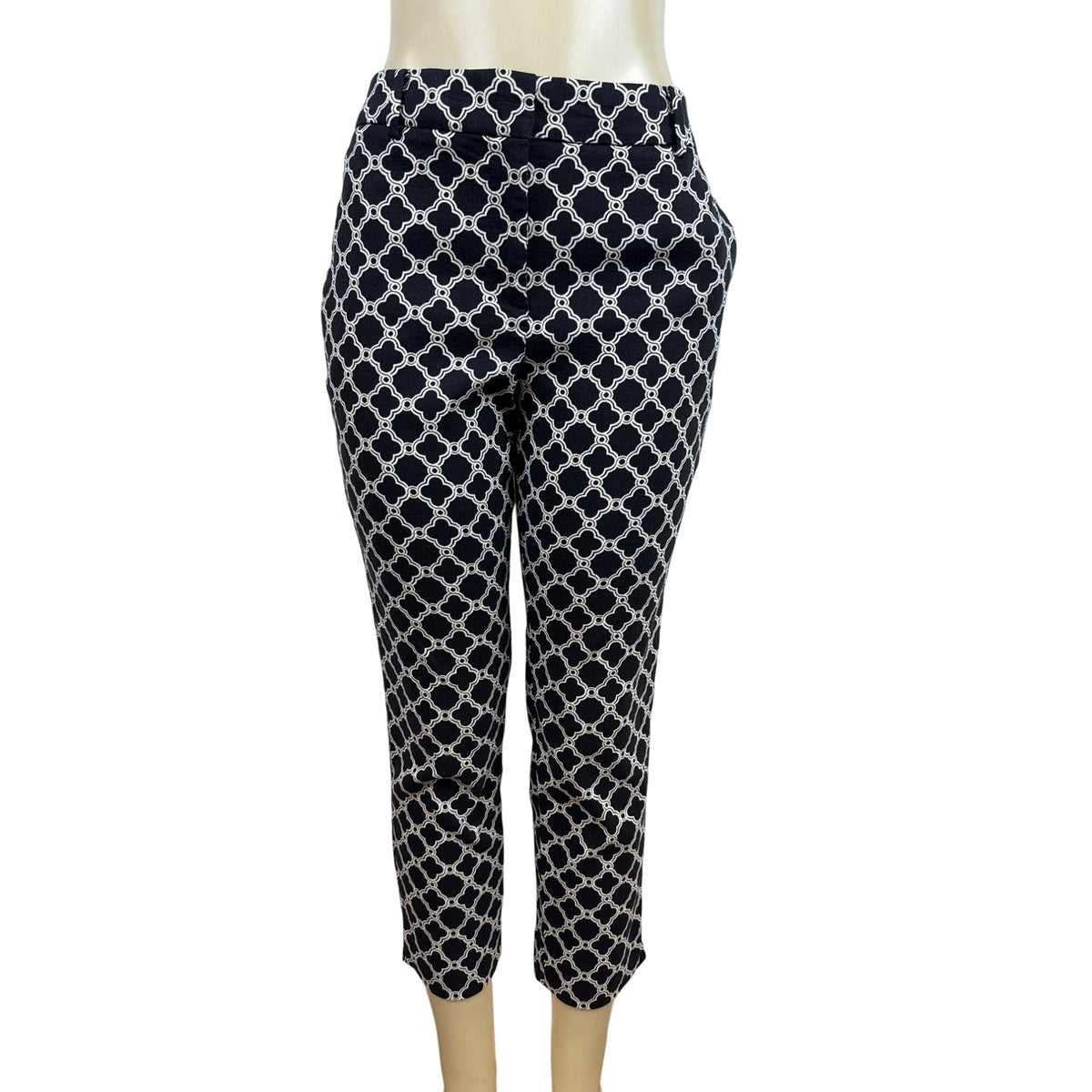 Talbots Women Black & White Geometric Print Cropped Pants With Belt Loops Sz 10P