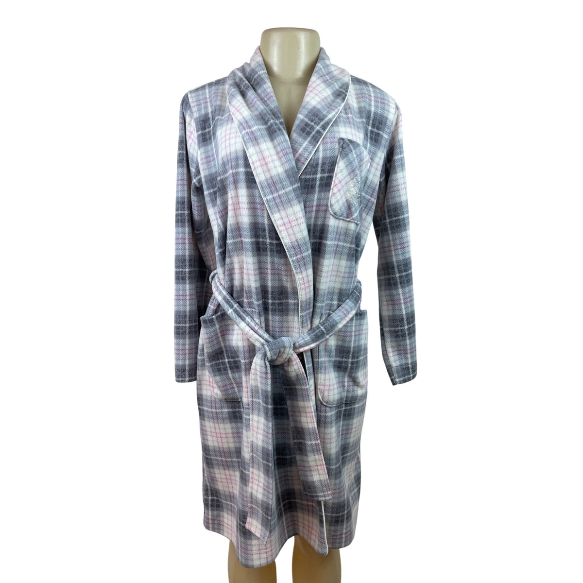 Womens Ralph Lauren Plaid Belted Robe With Pockets Soft Gray & Pink Sz XS
