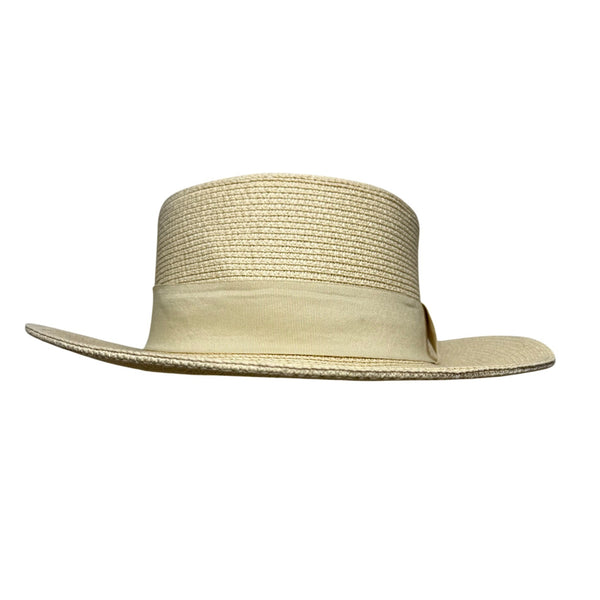 Furtalk Unisex Light Beige Straw Boater Hat M Ribbon Band