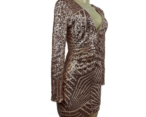 Boohoo Women’s Rose Gold Sequin Long Sleeve V Collar Short Dress Sz 2