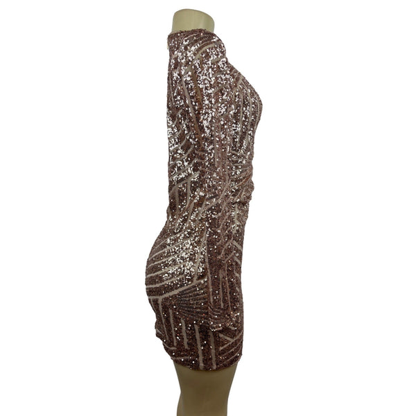 Boohoo Women’s Rose Gold Sequin Long Sleeve V Collar Short Dress Sz 2