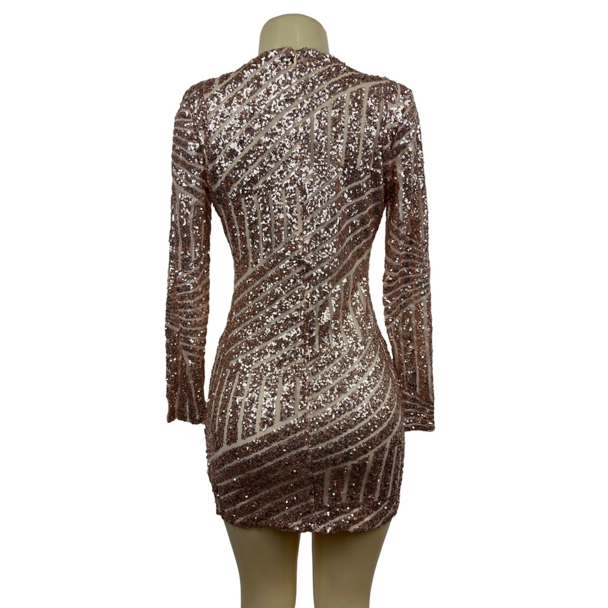 Boohoo Women’s Rose Gold Sequin Long Sleeve V Collar Short Dress Sz 2