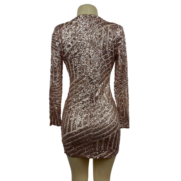 Boohoo Women’s Rose Gold Sequin Long Sleeve V Collar Short Dress Sz 2