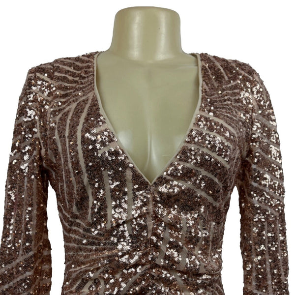 Boohoo Women’s Rose Gold Sequin Long Sleeve V Collar Short Dress Sz 2