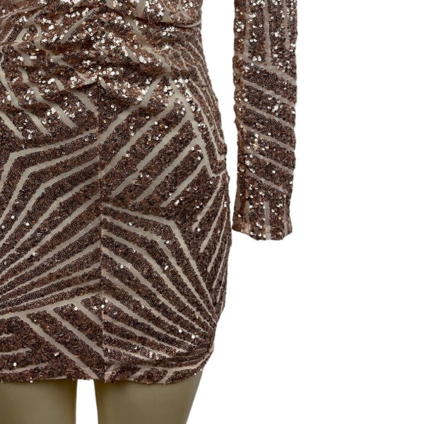 Boohoo Women’s Rose Gold Sequin Long Sleeve V Collar Short Dress Sz 2
