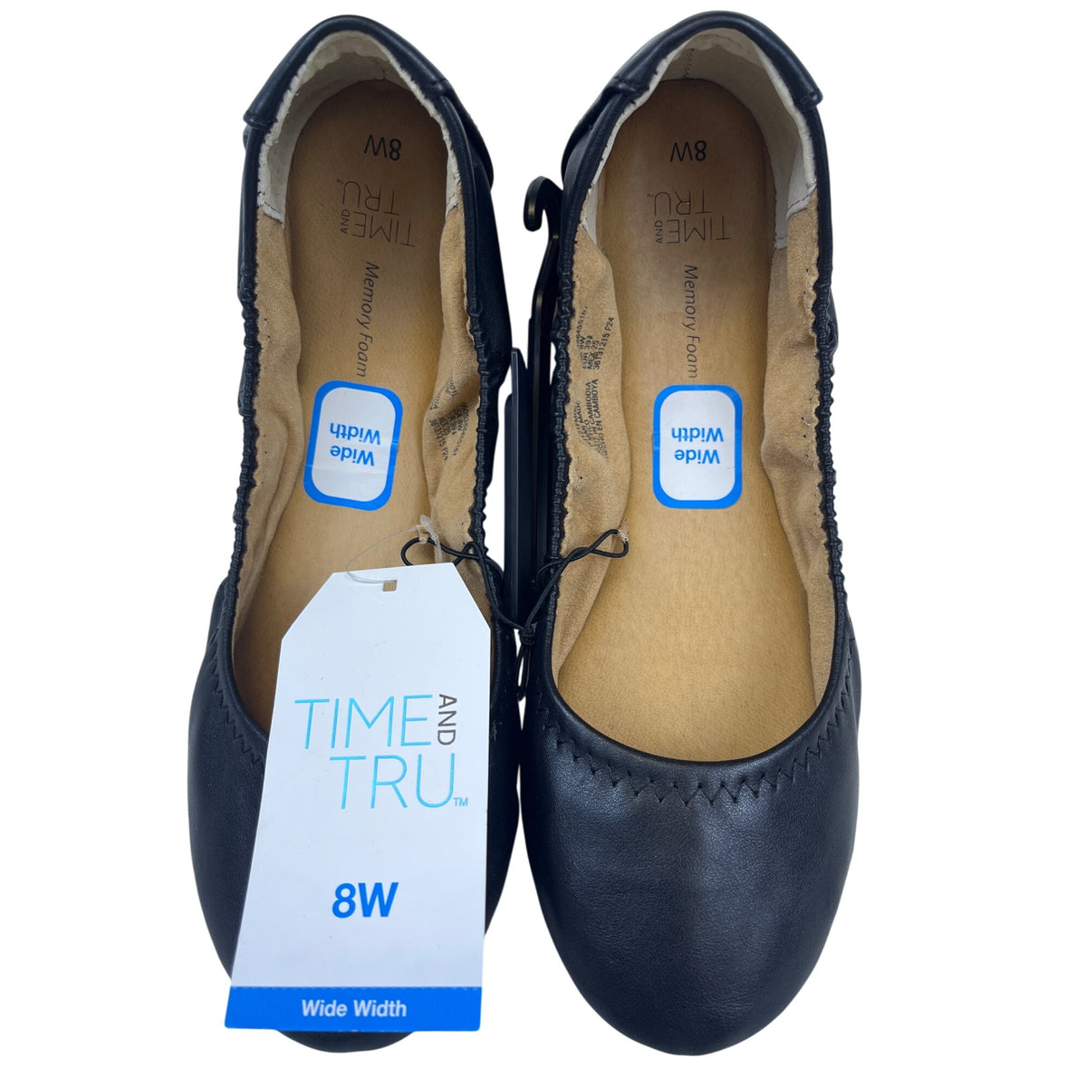 Time And Tru Womens Black Memory Foam Ballet Flats Wide Width Size 8 W Elastic Comfort