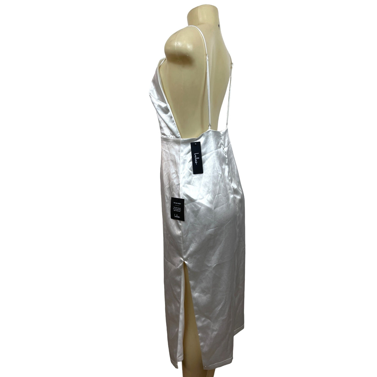 Lulus White Satin Midi Dress With Spaghetti Straps & Open Back Design Size M