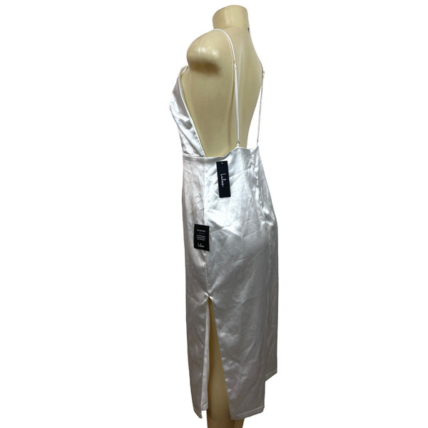 Lulus White Satin Midi Dress With Spaghetti Straps & Open Back Design Size M