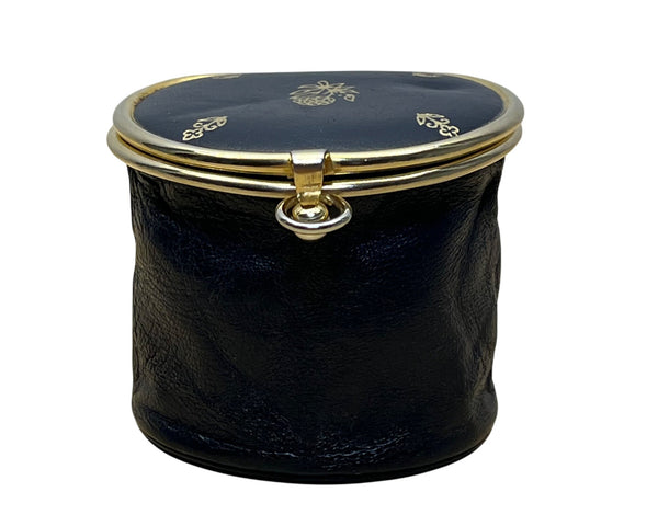 Unbranded Vintage Expandable Coin/Jewelry Pouch Navy Blue Leather Gold-Tone Floral Lid