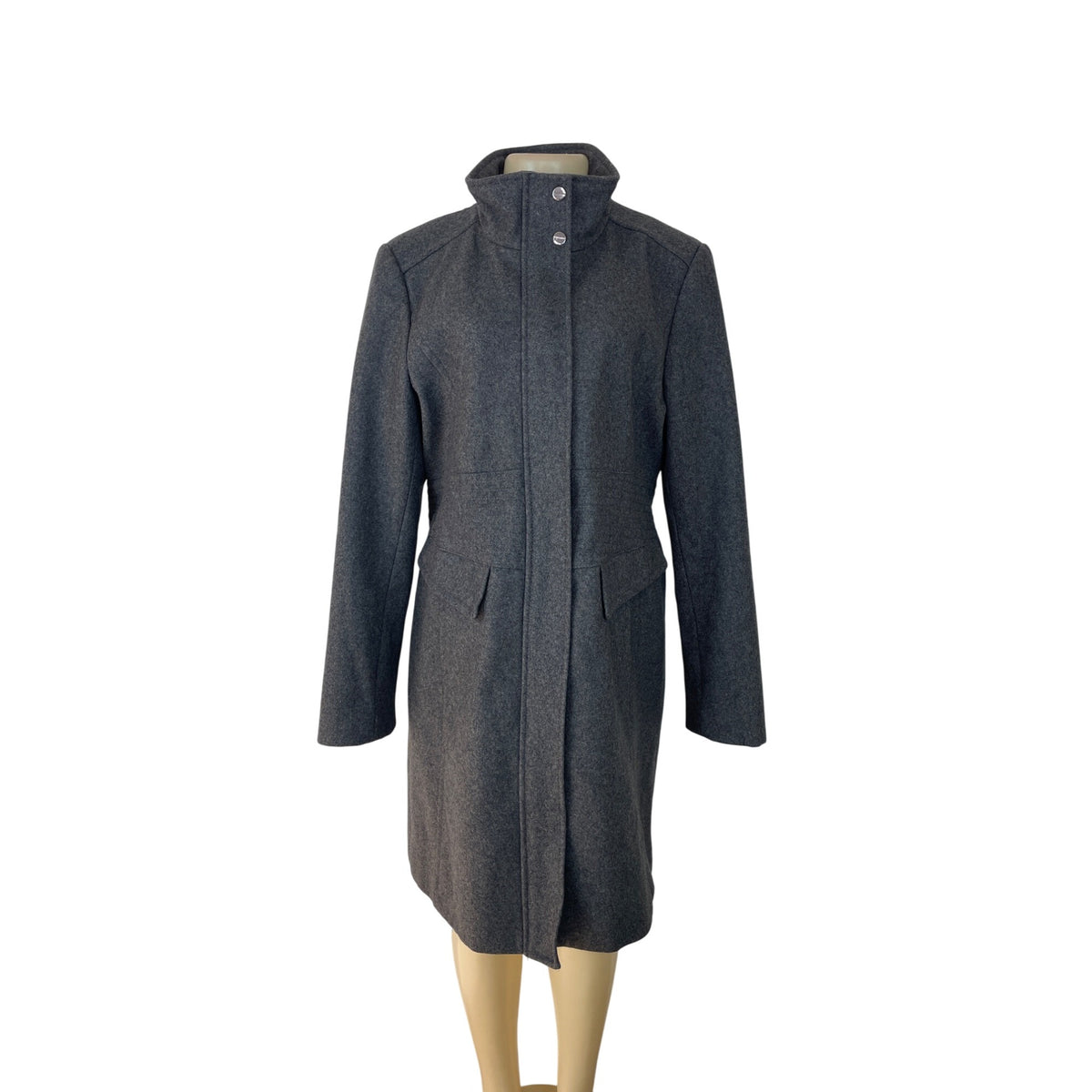 Kenneth Cole Womens Grey Long Coat With High Collar & Zipped Sleeves Sz 16