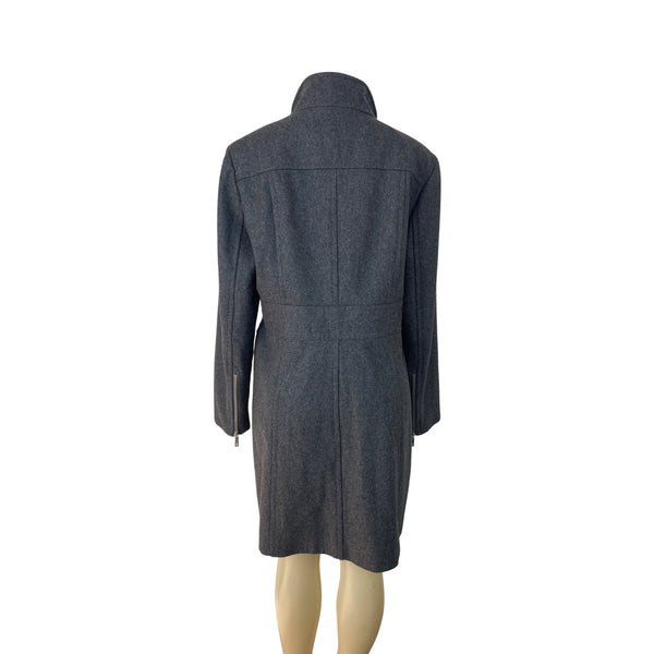 Kenneth Cole Womens Grey Long Coat With High Collar & Zipped Sleeves Sz 16
