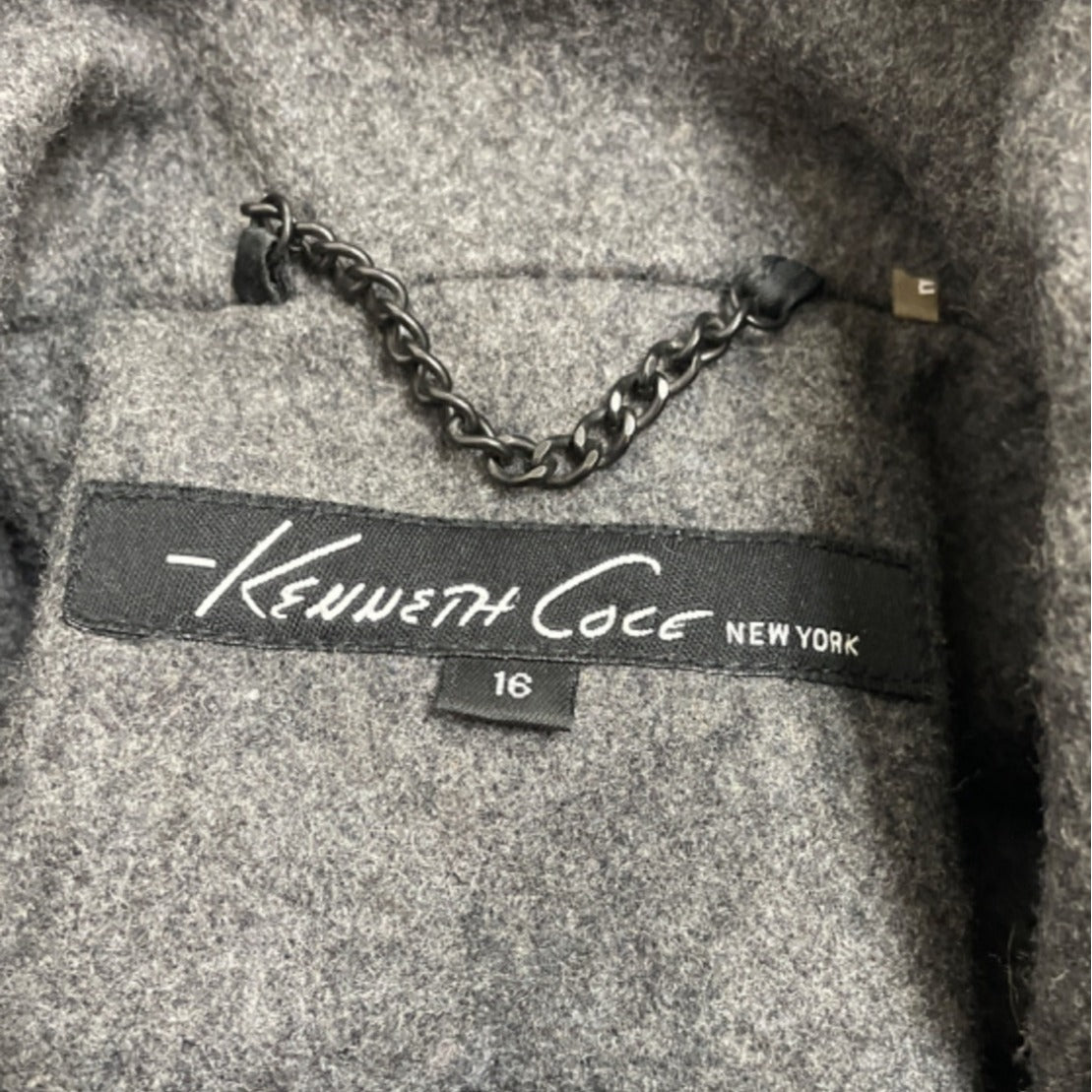 Kenneth Cole Womens Grey Long Coat With High Collar & Zipped Sleeves Sz 16