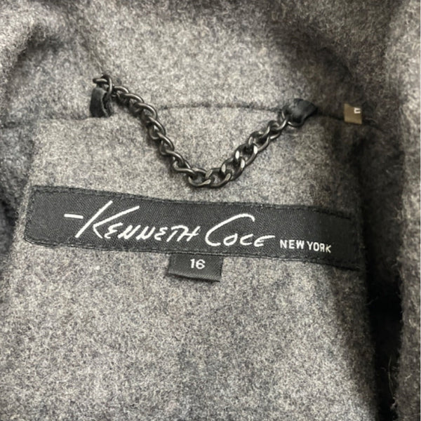 Kenneth Cole Womens Grey Long Coat With High Collar & Zipped Sleeves Sz 16