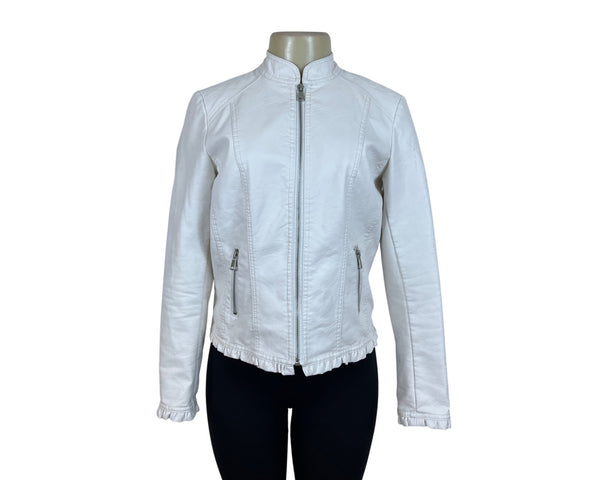 Baccini Womens White Faux Leather Jacket With Ruffle Hem Zip Pockets Size PS