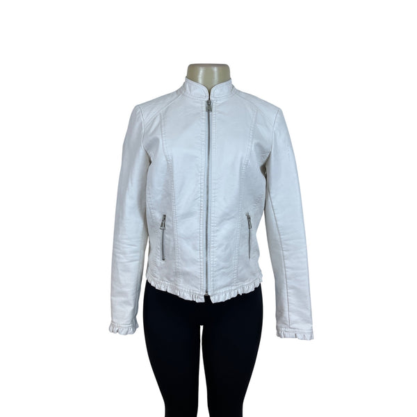 Baccini Womens White Faux Leather Jacket With Ruffle Hem Zip Pockets Size PS