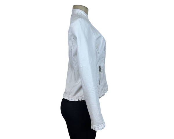 Baccini Womens White Faux Leather Jacket With Ruffle Hem Zip Pockets Size PS