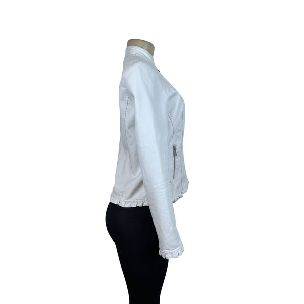 Baccini Womens White Faux Leather Jacket With Ruffle Hem Zip Pockets Size PS