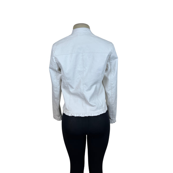 Baccini Womens White Faux Leather Jacket With Ruffle Hem Zip Pockets Size PS