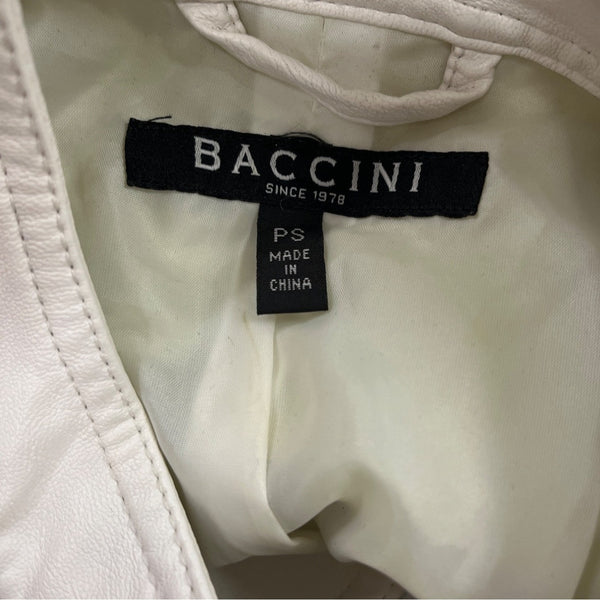 Baccini Womens White Faux Leather Jacket With Ruffle Hem Zip Pockets Size PS