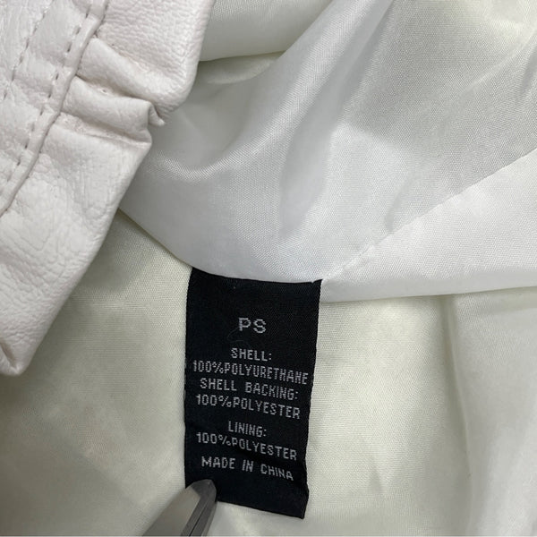 Baccini Womens White Faux Leather Jacket With Ruffle Hem Zip Pockets Size PS