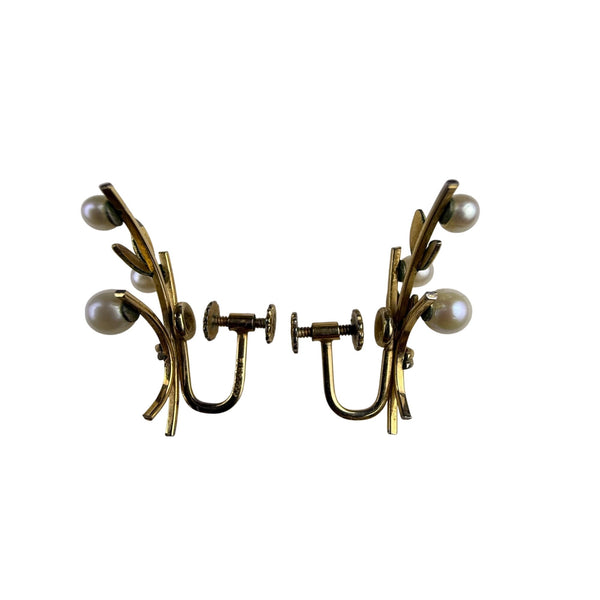 Krementz Vintage Gold Tone Screw Back Earrings Faux Pearl Floral Design