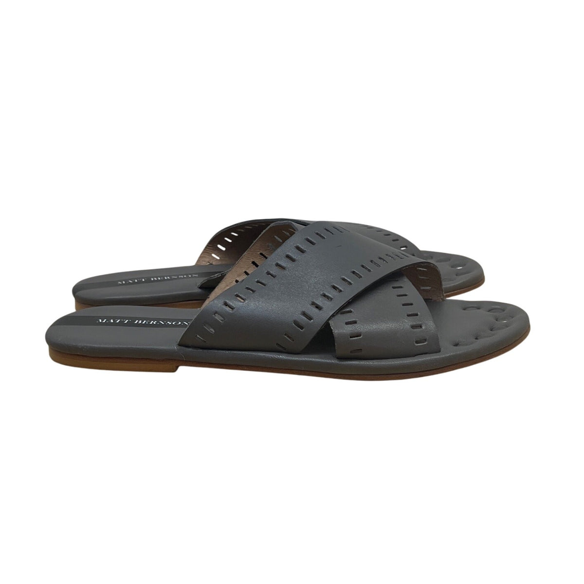 Matt Bernson Women's Gray Leather With Perforated Detailing Slide Sandals Size 8