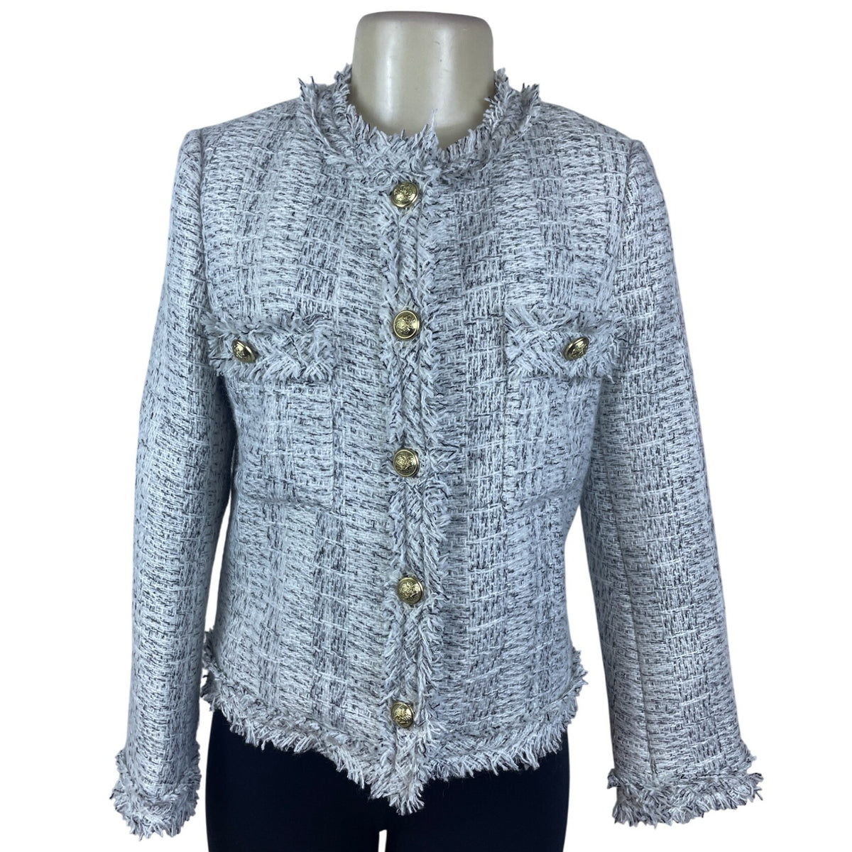 Kimmon Lee Women's Gray Tweed Fringed Button Up Cropped Jacket Size S