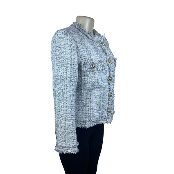 Kimmon Lee Women's Gray Tweed Fringed Button Up Cropped Jacket Size S