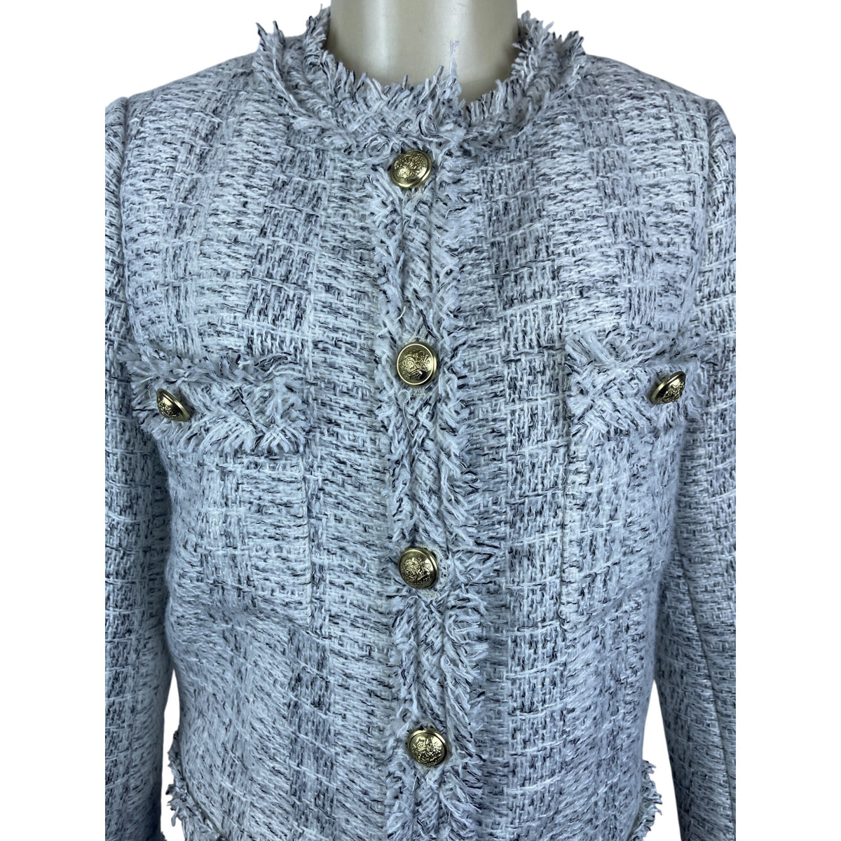 Kimmon Lee Women's Gray Tweed Fringed Button Up Cropped Jacket Size S