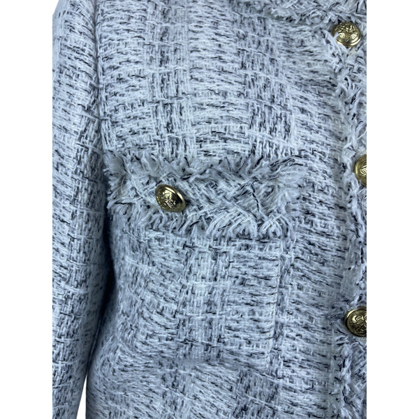 Kimmon Lee Women's Gray Tweed Fringed Button Up Cropped Jacket Size S