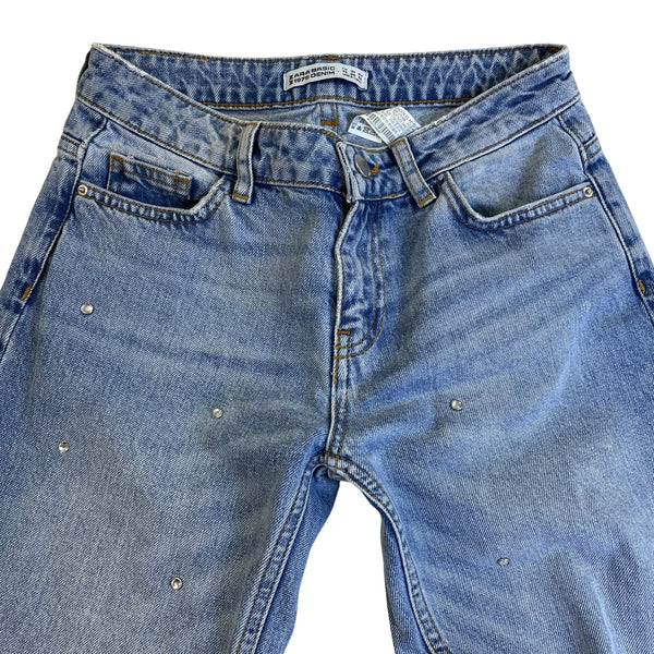 Zara Womens Light Blue Denim Jeans 1975 Crystal Embellished Straight Leg Size 00