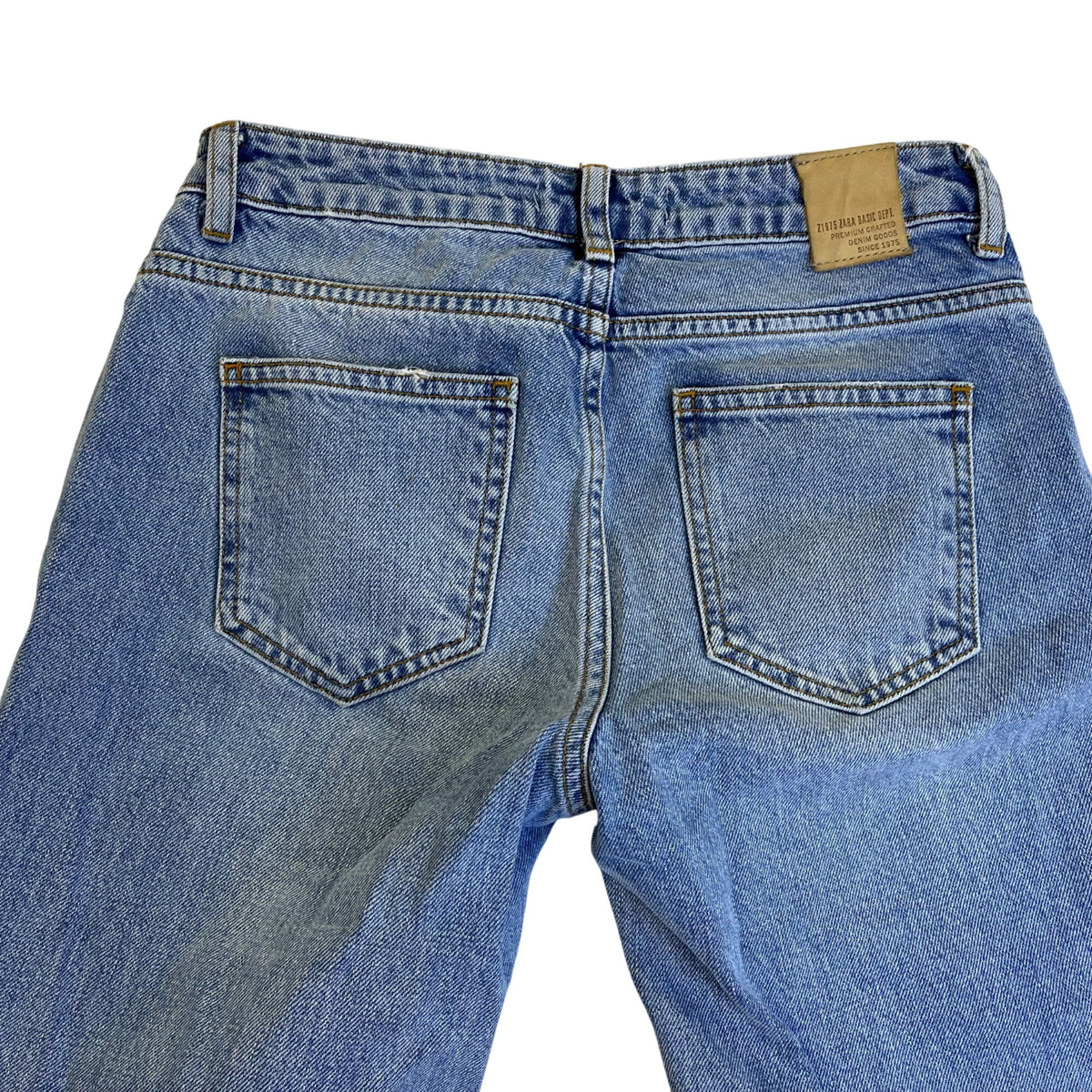 Zara Womens Light Blue Denim Jeans 1975 Crystal Embellished Straight Leg Size 00