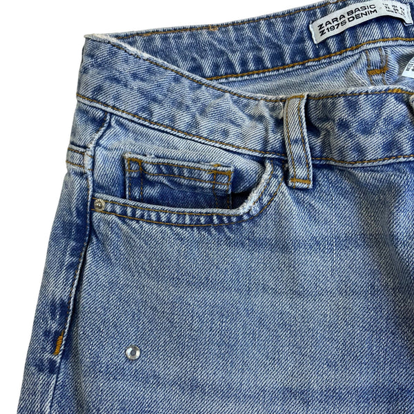 Zara Womens Light Blue Denim Jeans 1975 Crystal Embellished Straight Leg Size 00