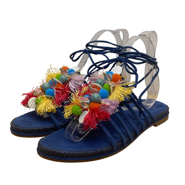 Stuart Weitzman Women’s Blue Tassels & Beads Noodles Espadrille Flats Size 9.5