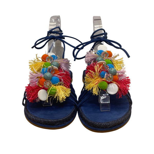 Stuart Weitzman Women’s Blue Tassels & Beads Noodles Espadrille Flats Size 9.5