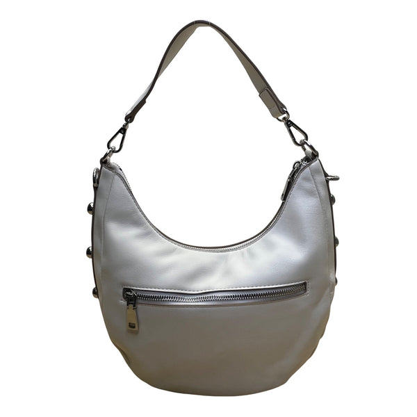 INC Women’s White Faux Leather With Crossbody Strap Studded Hobo Tote Bag
