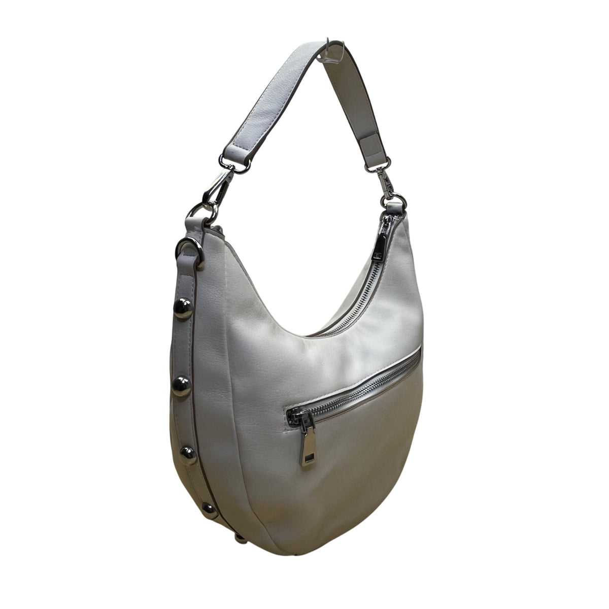 INC Women’s White Faux Leather With Crossbody Strap Studded Hobo Tote Bag