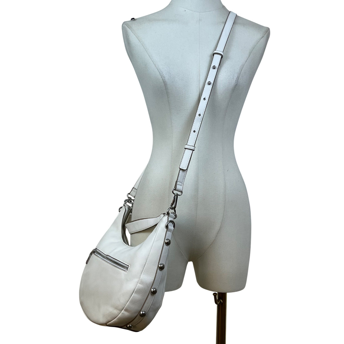 INC Women’s White Faux Leather With Crossbody Strap Studded Hobo Tote Bag