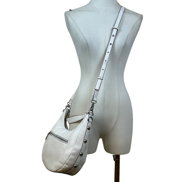 INC Women’s White Faux Leather With Crossbody Strap Studded Hobo Tote Bag