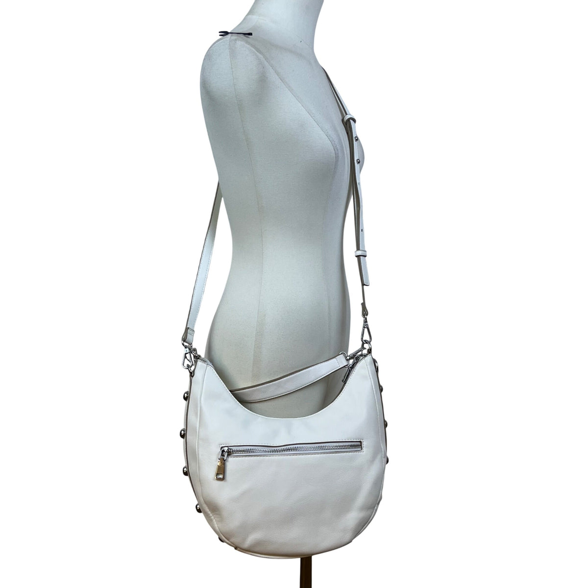 INC Women’s White Faux Leather With Crossbody Strap Studded Hobo Tote Bag