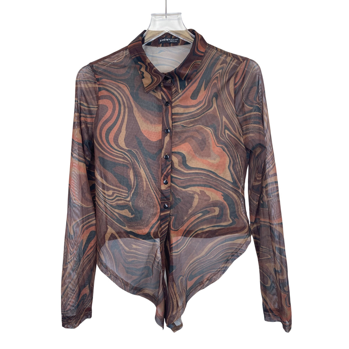 Shein Womens Brown Sheer Long Sleeve Button-Down Collared Swirl Pattern Top Size L